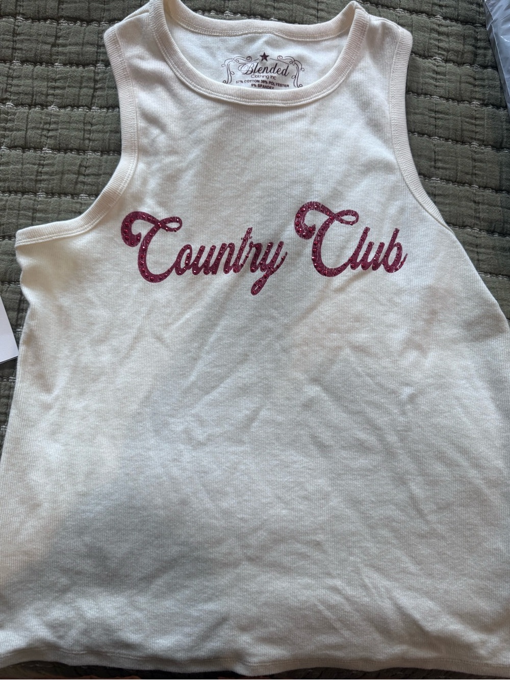White 'Country Club' Tank Top with Red Glitter Print